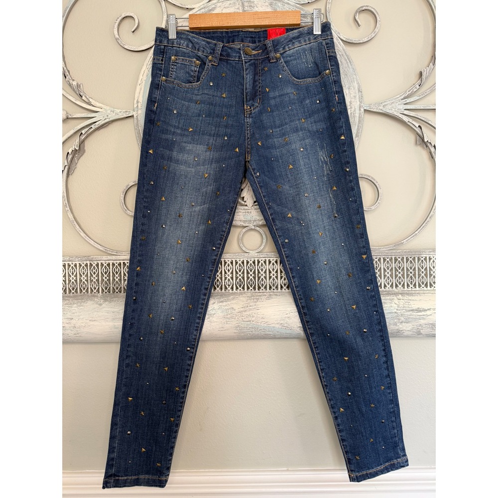V Cristina Studded Star Pyramid Blue Denim Slim Jeans Size 6 Dark Wash Edgy EUC